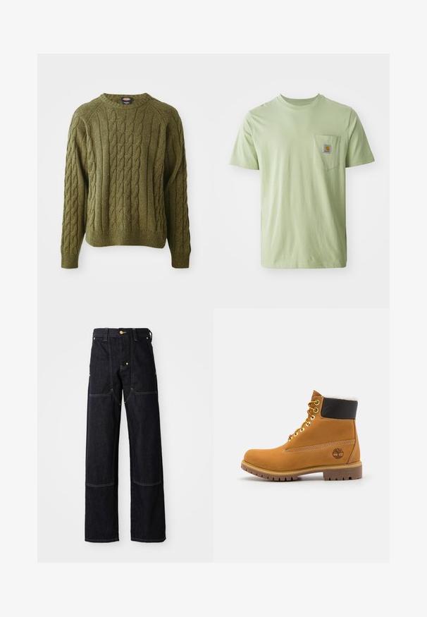 Suéter verde de punto trenzado con cuello redondo, patrón texturizado, puños y dobladillo acanalados, con motas de color a lo largo de la tela.; Camiseta de manga corta verde claro fabricada en tejido suave, con un bolsillo en el pecho que presenta un parche de logo cuadrado. Diseño sencillo y sin adornos.; Pantalones de mezclilla azul oscuro con corte recto, que presentan costuras amarillas y bolsillos frontales. La tela parece resistente y texturada.; Botín de cuero marrón con ojales de metal, forro de piel sintética blanca, cuello acolchado negro, suela resistente y logotipo en relieve en el costado.