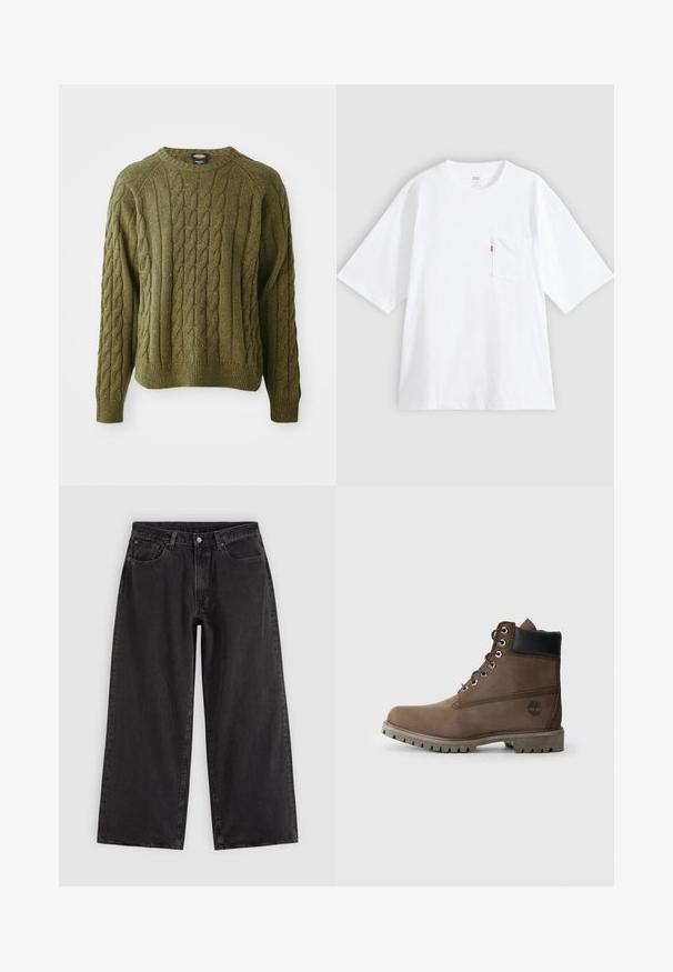 Grüner Kabelstrickpullover mit Rundhals, strukturiertem Muster, Rippbündchen und Saum, der Farbkleckse im gesamten Stoff aufweist.; Weißes Baumwoll-T-Shirt mit kurzen Ärmeln, rundem Ausschnitt und Brusttasche auf der linken Seite. Mit kleinem rotem Logotag an der Tasche.; Schwarze Jeans mit weitem Bein, Vordertaschen, Gürtelschlaufen und Knopfverschluss, auf schlichtem hellem Hintergrund dargestellt.; Braune Leder-Stiefelette mit schwarzem Kragen, Metallösen und robustem grauen Sohlen. Verfügt über ein Logo an der Seite und genähten Details.