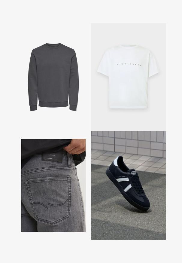 Grå sweatshirt lavet af blødt stof med rund halsudskæring, lange ærmer og ribbede manchetter og kant for en tætsiddende pasform. Ingen mønstre eller logoer.; Hvid kortærmet bomulds t-shirt med "JACK & JONES" trykt over brystet i små, afstandsede sorte bogstaver.; Grå denim jeans med en baglomme med buet syning og et sort lædermærke, der viser brandinformation og detaljer om håndværk.; Sort lædersneaker med hvide striber, tekstureret gummisål og snørrebånd foran. Har et brandet mærke på tungen.