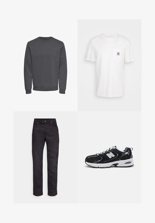 Grå sweatshirt lavet af blødt stof med rund halsudskæring, lange ærmer og ribbede manchetter og kant for en tætsiddende pasform. Ingen mønstre eller logoer.; Hvid bomulds T-shirt med korte ærmer, en brystlomme, og et lille firkantet logo patch i orange og hvid på lommen.; Sorte denim jeans med lige ben, diskret slid, fem-lomme stil og metal knap lukning i taljen.; Sorte og grå sportssko med mesh og ruskind på overdelen, der har en hvid mellemsål, snørebånd og et iøjnefaldende "N" logo på siden.
