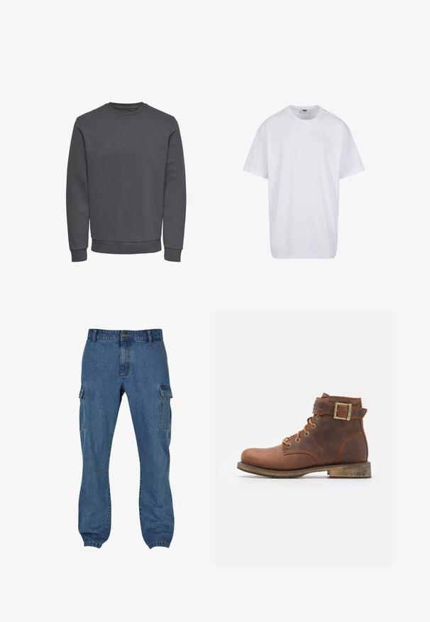 Grauer Pullover aus weichem Stoff mit Rundhalsausschnitt, langen Ärmeln sowie gerippten Bündchen und Saum für eine enge Passform. Keine Muster oder Logos.; Schlichtes weißes Kurzarm-T-Shirt aus Baumwolle mit Rundhalsausschnitt und sichtbarem Größen- sowie Markenlabel im Innenkragen.; Blaue Jeans-Cargohosen mit seitlichen Taschen, einer lockeren Passform und einem Knopfverschluss an der Taille. Strukturierten Stoff mit sichtbaren Nähten.; Harley Davidson VNTGMOTO SHORT RIDING APPROVED - Cowboy-/Bikerstiefelette - brown