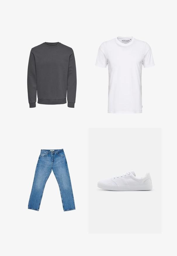 Grå sweatshirt lavet af blødt stof med rund halsudskæring, lange ærmer og ribbede manchetter og kant for en tætsiddende pasform. Ingen mønstre eller logoer.; Hvid t-shirt med korte ærmer lavet af bomuld, med en rund hals og et enkelt design. Brandtag synlig på halsområdet. Ingen mønstre eller accenter.; Lyseblå denimjeans med lige ben, fem lommer og kontrastsyninger. Har knaplukning og bæltestropper.; Hvide lærreds sneakers med gummisål, der har seks snørehuller, en struktureret tåkap og et minimalistisk design.