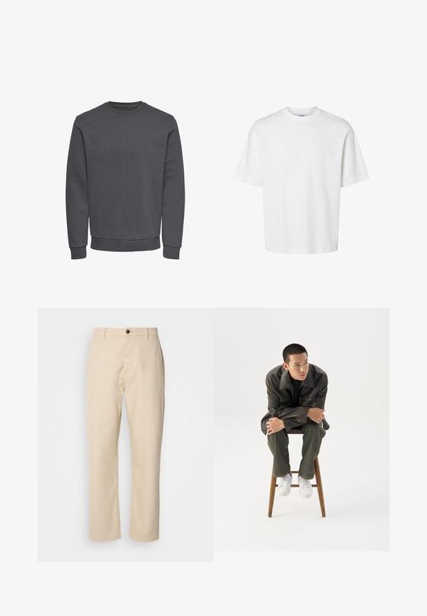 Grå sweatshirt lavet af blødt stof med rund halsudskæring, lange ærmer og ribbede manchetter og kant for en tætsiddende pasform. Ingen mønstre eller logoer.; Enkel hvid t-shirt med korte ærmer, rund hals og løs pasform vist på hvid baggrund.; Beige bomuldsbukser med lige ben, en frontknaplukning, sidelommer og en glat tekstur. Minimalistisk design, ingen synlige mønstre.; Ung mand i mørk læderjakke og jeans sidder på en træskammel, læner sig fremad med armene krydset og kigger til siden mod hvid baggrund.