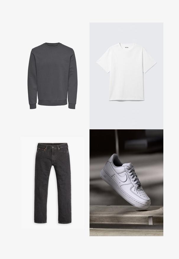 Grå sweatshirt lavet af blødt stof med rund halsudskæring, lange ærmer og ribbede manchetter og kant for en tætsiddende pasform. Ingen mønstre eller logoer.; Hvid kortærmet crewneck T-shirt lagt fladt ud, ensfarvet design, med "WEEKDAY" mærkat inde i kraven på en lys baggrund.; Sorte straight-leg denim jeans med fem lommer, knaplukning og copper nitter liggende fladt på en hvid baggrund.; Hvid læder Nike Air Force 1 sneaker med perforeret tå, flade snørebånd og tekstureret gummisål med "AIR" branding på siden.
