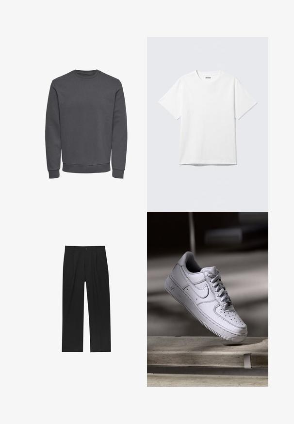 Grijze sweatshirt van zachte stof met een ronde hals, lange mouwen en geribbelde boorden en zoom voor een snug fit. Geen patronen of logo's.; Witte T-shirt met korte mouwen en ronde hals, plat gelegd, effen ontwerp, met een "WEEKDAY" label in de kraag op een lichte achtergrond.; Zwarte broeken met een recht model, gemaakt van een gladde stof. Voorzien van een voorplooien en een enkele knoopsluiting bij de taille.; Witte Nike Air Force 1 sneaker van leer met geperforeerde neus, platte veters en een gestructureerde rubberen zool met "AIR"-logo aan de zijkant.