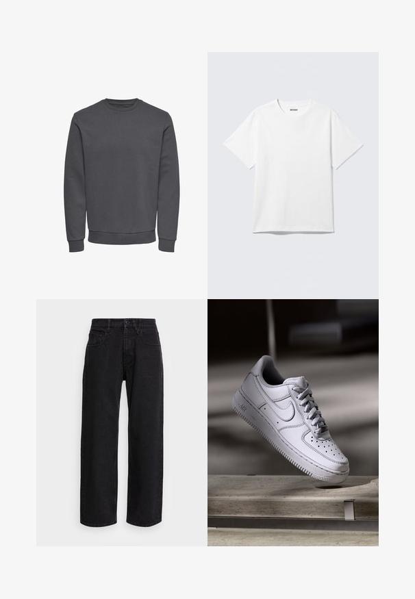 Grauer Pullover aus weichem Stoff mit Rundhalsausschnitt, langen Ärmeln sowie gerippten Bündchen und Saum für eine enge Passform. Keine Muster oder Logos.; Weißes T-Shirt mit kurzen Ärmeln und Rundhalsausschnitt, flach liegend, schlichtes Design, mit „WEEKDAY“-Etikett innen im Kragen auf hellem Hintergrund.; Schwarze Denim-Hosen mit weitem Bein und hoher Taille, ausgestattet mit fünf Taschen und einem Knopfverschluss. Der Stoff hat eine glatte Textur und leichten Stretch.; Weißer Nike Air Force 1 Sneaker aus Leder mit perforierter Zehenpartie, flachen Schnürsenkeln und strukturierter Gummisohle mit "AIR"-Branding an der Seite.