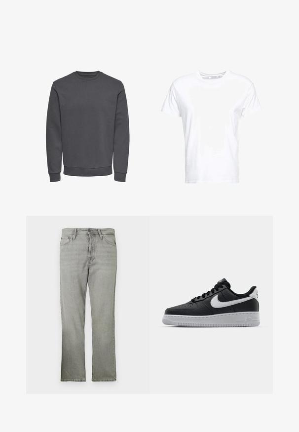 Grauer Pullover aus weichem Stoff mit Rundhalsausschnitt, langen Ärmeln sowie gerippten Bündchen und Saum für eine enge Passform. Keine Muster oder Logos.; Weißes Baumwoll-T-Shirt mit rundem Ausschnitt und kurzen Ärmeln, im klassischen Schnitt und mit glatter Textur. Keine sichtbaren Muster oder Hardware.; Hellgraue Denim-Jeans mit geradem Schnitt, ausgestattet mit einer fünf Taschen-Stil, einem Frontreißverschluss und subtiler verblichener Textur.; Schwarze Ledersneaker mit strukturierten Oberflächen, weißem Nike-Swoosh, grauer Sohle, runder Zehenpartie und Schnürdesign. Verfügt über Perforationen an der Zehenbox.