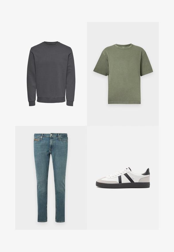 Grauer Pullover aus weichem Stoff mit Rundhalsausschnitt, langen Ärmeln sowie gerippten Bündchen und Saum für eine enge Passform. Keine Muster oder Logos.; Olivgrünes T-Shirt aus Baumwolle mit kurzen Ärmeln und Rundhalsausschnitt, locker und kastig geschnitten, auf weißem Hintergrund gezeigt.; Blaue Slim-Fit-Jeans mit fünf Taschen, Knopfverschluss und leichter Verblassung an Oberschenkeln und Knien vor einem schlichten hellen Hintergrund.; Weiße Sneaker mit schwarz- und grau-aczenten, ausgestattet mit einer strukturierten grauen Zehenkappe, schwarzer Gummi-Sohle und flachen weißen Schnürsenkeln. Sauberes Design, minimalistische Stil.