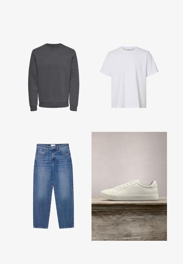 Sweatshirt gris en tissu doux avec un col rond, des manches longues et des poignets et un ourlet côtelés pour un ajustement snug. Sans motifs ni logos.; T-shirt blanc uni à manches courtes, col rond, coupe régulière et texture de tissu lisse, présenté sur fond blanc.; Jean en denim bleu avec une taille haute, une coupe droite et une finition délavée. Comprend cinq poches et une fermeture à bouton.; Sneaker en dentelle blanche flottant au-dessus d'un banc en bois avec un feuillage vert en arrière-plan, mettant en valeur le design et la texture de la chaussure.