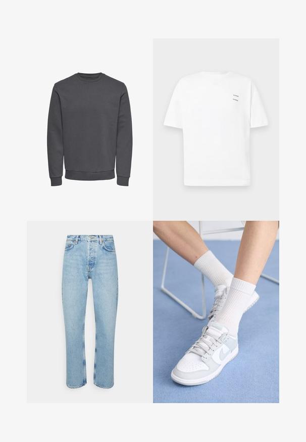 Grå sweatshirt lavet af blødt stof med rund halsudskæring, lange ærmer og ribbede manchetter og kant for en tætsiddende pasform. Ingen mønstre eller logoer.; Hvid bomulds t-shirt med en afslappet pasform, korte ærmer og V-udskæring. Har to små sorte trykte logoer på venstre side.; Lyseblå denimjeans med lige snit, høj talje, fem-lomme design og synlige strikdetaljer ved sømmene og sømmen.; Hvide sneakers med lyseblå accenter, læderoverdel, perforeret tå, tykke snørebånd og ribbede hvide sokker mod en blå baggrund.