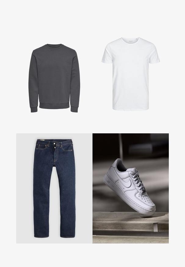 Grijze sweatshirt van zachte stof met een ronde hals, lange mouwen en geribbelde boorden en zoom voor een snug fit. Geen patronen of logo's.; Ronde hals kortemouwen t-shirt in effen wit, gemaakt van zachte katoen, heeft een eenvoudig ontwerp zonder zichtbare patronen of accenten.; Donkerblauwe recht gesneden spijkerbroek met knoopsluiting, voor- en achterzakken en contrasterende stiksels, plat gelegd op een lichte achtergrond.; Witte Nike Air Force 1 sneaker van leer met geperforeerde neus, platte veters en een gestructureerde rubberen zool met "AIR"-logo aan de zijkant.