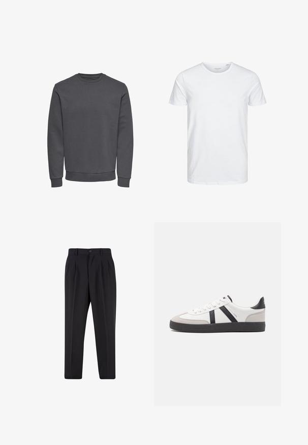 Grauer Pullover aus weichem Stoff mit Rundhalsausschnitt, langen Ärmeln sowie gerippten Bündchen und Saum für eine enge Passform. Keine Muster oder Logos.; Rundhals-T-Shirt mit kurzen Ärmeln in reinem Weiß, aus weicher Baumwolle, mit einem schlichten Design ohne sichtbare Muster oder Akzente.; Schwarze, maßgeschneiderte Hose mit vorderen Bundfalten, Gürtelschlaufen und Knopfverschluss an der Taille.; Weiße Sneaker mit schwarz- und grau-aczenten, ausgestattet mit einer strukturierten grauen Zehenkappe, schwarzer Gummi-Sohle und flachen weißen Schnürsenkeln. Sauberes Design, minimalistische Stil.