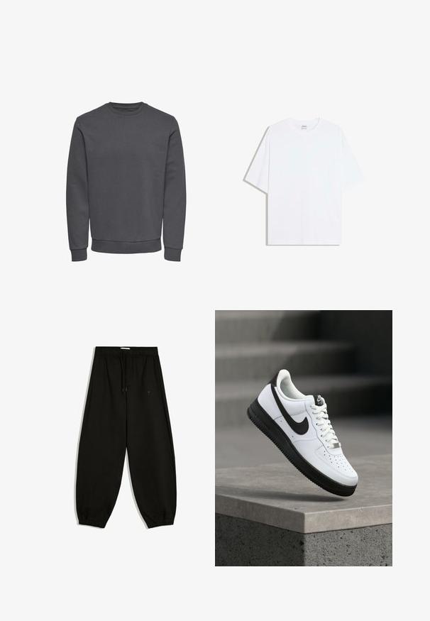 Grå sweatshirt lavet af blødt stof med rund halsudskæring, lange ærmer og ribbede manchetter og kant for en tætsiddende pasform. Ingen mønstre eller logoer.; Hvid oversized bomulds t-shirt med rund hals og korte ærmer; glat tekstur, uden synlige mønstre eller accenter.; Sorte joggingbukser med elastisk talje, snøre og elastiske manchetter, simpelt design og løstsiddende pasform.; Hvid lædersneaker med sorte detaljer, rundet tå og perforerede detaljer. Sort gummisål med tekstureret mønster og snørelukning.