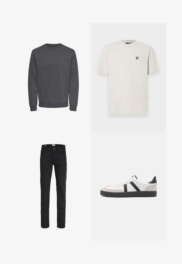 Grå sweatshirt lavet af blødt stof med rund halsudskæring, lange ærmer og ribbede manchetter og kant for en tætsiddende pasform. Ingen mønstre eller logoer.; Lys beige bomulds t-shirt med rund hals og korte ærmer, der har et lille broderet fuglelogo på venstre bryst.; Sorte jeans med slim fit, fem lommer, knap- og lynlås-lukning samt bæltestropper, vist på hvid baggrund.; Hvide sneakers med sorte og grå detaljer, med en tekstureret grå tåhætte, sort gummisål og flade hvide snørebånd. Rent design, minimalistisk stil.