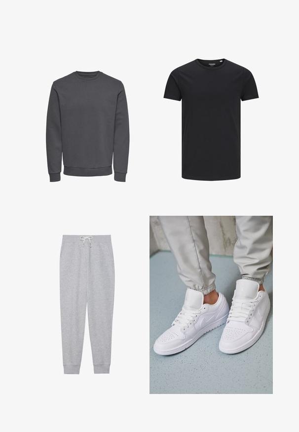 Grijze sweatshirt van zachte stof met een ronde hals, lange mouwen en geribbelde boorden en zoom voor een snug fit. Geen patronen of logo's.; Zwarte katoenen T-shirt met een ronde hals, korte mouwen en een eenvoudig ontwerp. Soepele textuur, geen patronen of zichtbare hardware.; Grijze sweatpants van zacht materiaal, met een elastische tailleband met een trekkoord, zijzakken en geribbelde manchetten bij de enkels.; Witte leren sneakers met een geperforeerde neus, platte veters, een gepolsterde kraag en het Jordan-logo op de tong. Gediend met grijze joggers.