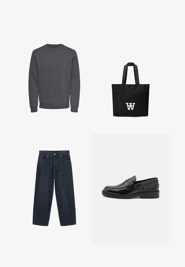 Grå sweatshirt lavet af blødt stof med rund halsudskæring, lange ærmer og ribbede manchetter og kant for en tætsiddende pasform. Ingen mønstre eller logoer.; Mørkeblå jeans med brede ben, forlommer, knaplukning og små stjerneformede pyntedetaljer langs ydersømmene på begge ben.; Sorte læder loafers med en glat finish, rund tå, lav hæl og dekorativ syning langs forsiden. Gummisål for godt greb.; Sort stof tote bag med to robuste håndtag; har et fremtrædende hvidt logo på fronten; rektangulær form med minimalistisk design.