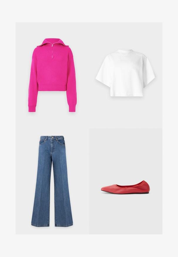 Pull court fuchsia avec une texture côtelée, présentant un col montant zippé et des manches larges, conçu pour un ajustement décontracté.; Sweat-shirt court blanc à manches courtes avec col rond côtelé et texte de marque subtil sur l\'épaule gauche supérieure.; Jeans en denim bleu à jambes larges avec poches avant, passants de ceinture, fermeture à boutons et coutures visibles sur un fond clair uni.; Filippa K REY FLATS - Ballerines - bright red