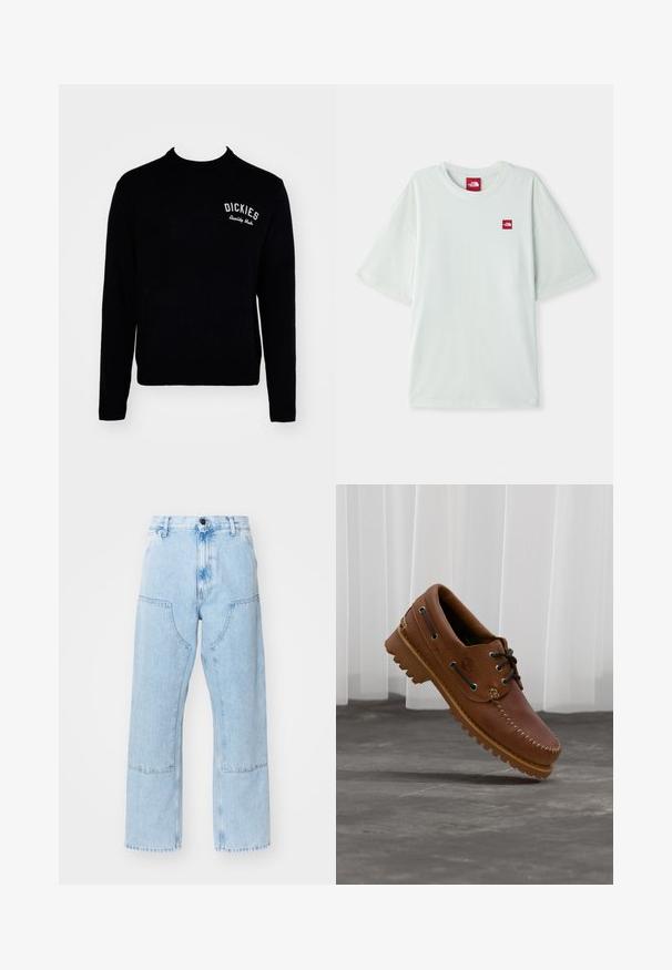 Pull en maille noir avec col rond, manches longues, et le mot "DICKIES" brodé en blanc sur la zone de la poitrine gauche.; T-shirt à manches courtes vert clair en coton doux, arborant une petite étiquette logo rouge sur la zone gauche de la poitrine. Coupe décontractée et col rond.; Jean en denim bleu clair, à jambe droite, avec de grandes poches avant et des coutures contrastées. Le tissu a une texture douce et délavée.; Chaussure de bateau en cuir marron avec des lacets noirs, des coutures beiges et une semelle robuste, suspendue au-dessus d'un sol en béton gris.