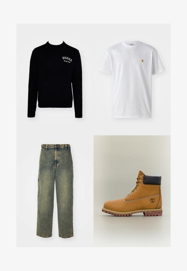 Suéter negro de punto con cuello redondo, mangas largas y la palabra "DICKIES" bordada en blanco en la parte izquierda del pecho.; Camiseta de algodón blanca con mangas cortas, cuello redondo, que presenta un pequeño logo dorado en la parte izquierda del pecho. Textura suave y corte regular.; Jeans de denim holgados en un lavado azul y verde descolorido. Presenta un cierre de botón, pasadores para el cinturón y bolsillos laterales. Diseño de frente plano y pierna recta.; Bota de tobillo de cuero marrón con cuello negro, cordones amarillos y suela beige. Presenta un logotipo y detalles de costura blanca. Suela exterior con tracción robusta.