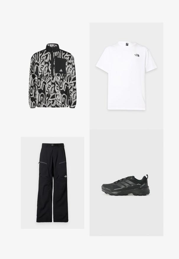 Pull en polaire noir et blanc avec motif abstrait, fermeture éclair à moitié, et poche poitrine noire avec un écusson logo.; T-shirt blanc à manches courtes avec col rond et petit logo noir The North Face sur la partie supérieure gauche de la poitrine.; Pantalon de plein air noir avec ceinture ajustable, deux poches cuisses zippées et le logo The North Face sur la jambe droite.; Chaussure de sport noire avec un dessus en tissu texturé, trois rayures argentées, un orteil renforcé et une semelle en caoutchouc robuste pour une meilleure adhérence.