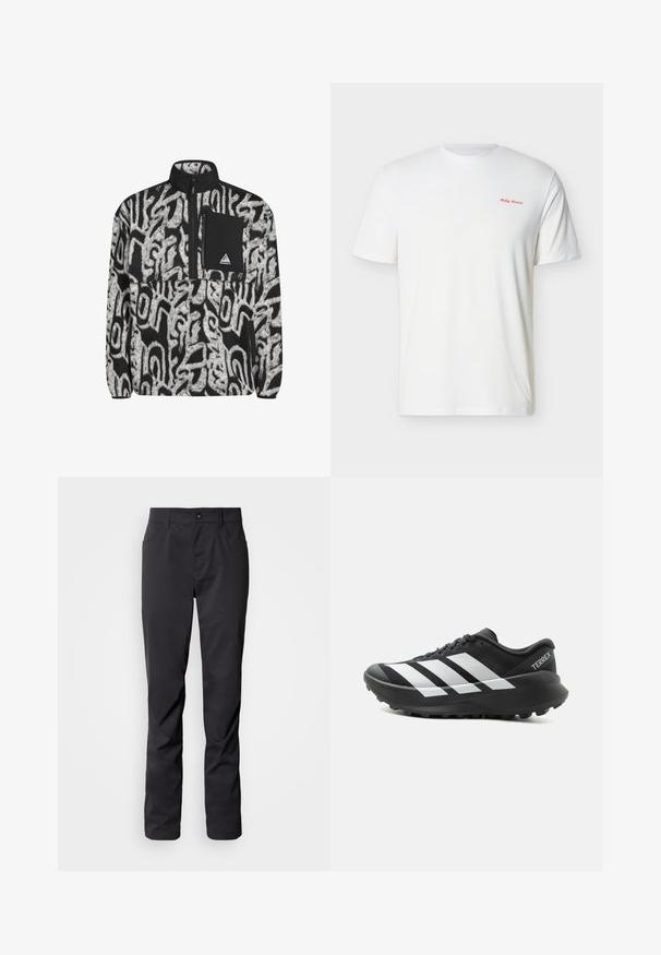 Pull en polaire noir et blanc avec motif abstrait, fermeture éclair à moitié, et poche poitrine noire avec un écusson logo.; T-shirt blanc à manches courtes et col rond avec un petit logo rouge « Helly Hansen » sur la poitrine en haut à gauche.; Pantalon noir en tissu lisse, doté d'une coupe droite, de deux poches avant et d'une ceinture avec fermeture à bouton et zip.; Chaussure de trail running Adidas Terrex noire et blanche avec une semelle épaisse et une semelle extérieure à crampons, vue de côté sur un fond clair uni.