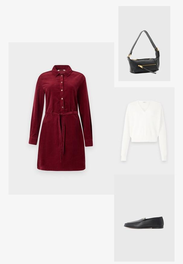 Pull court blanc avec design en V, fabriqué en tissu en maille texturée, avec des manches longues et des poignets côtelés.; Robe chemise en velours côtelé bordeaux à manches longues, avec boutonnage à l'avant, col et ceinture à la taille. Dispose de poches latérales et d'une jupe légèrement évasée.; Mocassins en cuir noir à texture lisse, bout arrondi et détails de couture subtils. Ils présentent un accent logo doré sur le côté supérieur.; Sac à bandoulière en cuir noir avec deux poches zippées, détails en métal doré et une large sangle réglable. Texture lisse et forme rectangulaire.