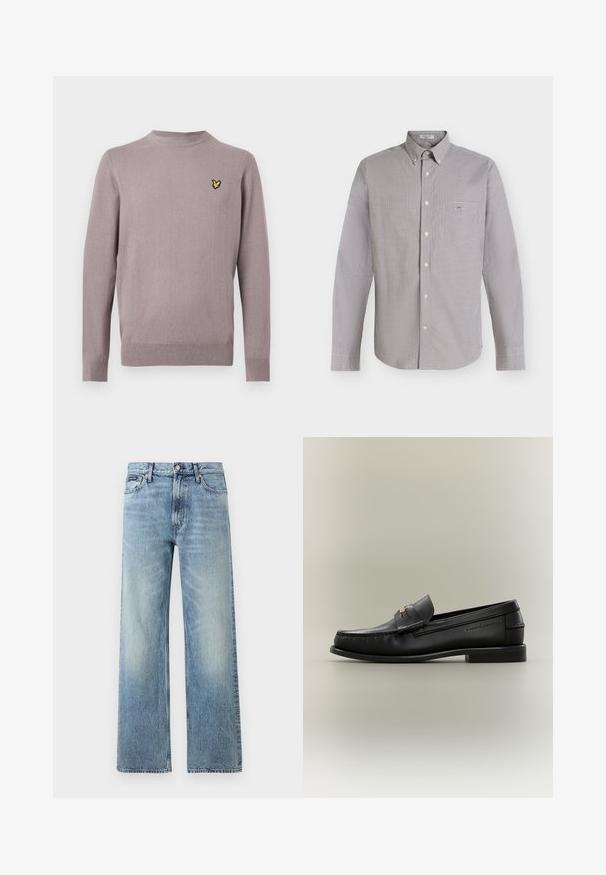 Pull en tricot violet clair à manches longues avec col rond, poignets et ourlet côtelés, et petit logo d'oiseau jaune sur la poitrine gauche.; Chemise à manches longues boutonnée avec petit motif à carreaux noir et blanc et une poche poitrine sur fond clair.; Jean droit en denim bleu clair avec taille haute, cinq poches, fermeture à boutons et léger délavage sur les cuisses et les genoux.; Mocassin noir en cuir à enfiler avec petit talon, boucle dorée et nom de marque embossé sur le côté sur fond neutre.