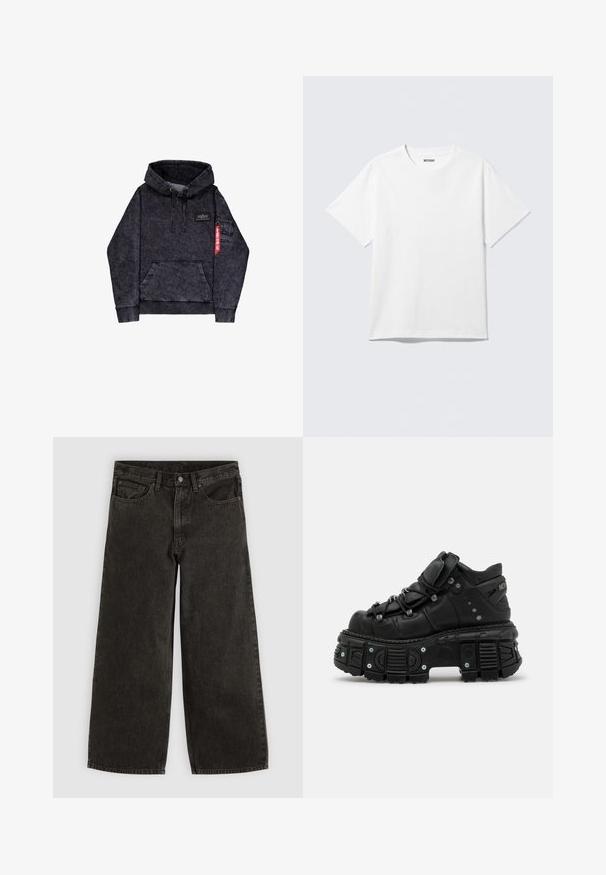 Sort melange hoodie med kængurulomme, justerbar snor i hætten, logo-patch på brystet og sidelomme med rødt mærke.; Hvid kortærmet crewneck T-shirt lagt fladt ud, ensfarvet design, med "WEEKDAY" mærkat inde i kraven på en lys baggrund.; Sorte vidde jeans med frontknap og lynlås, bæltestropper og fem lommer, lagt fladt på en hvid baggrund.; Sorte læder høj-top sneakers med en tykk gummisål, snørebåndsdesign, polstret krave og metal accenter. Har en mønstret sål for godt greb.