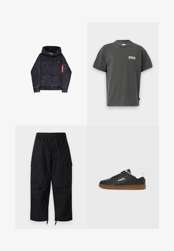 Sort melange hoodie med kængurulomme, justerbar snor i hætten, logo-patch på brystet og sidelomme med rødt mærke.; Mørkegrå kortærmet t-shirt med rund hals, med "DICKIES"-logo trykt i hvidt på venstre bryst.; Sorte cargobukser med elastisk talje, flere lommer og lynlåse ved anklerne, med et afslappet, løstsiddende design.; Sort lædersneakers med hvid hælkappe, gummisål, sorte snørebånd og sølvfarvet Diadora-logo på siden og sålen.