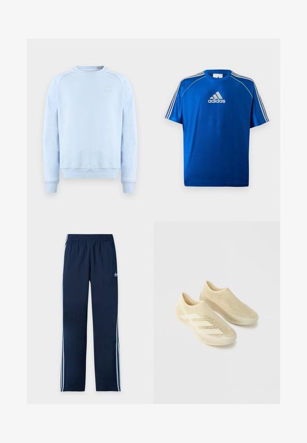 Ανοιχτό μπλε φούτερ Adidas με στρογγυλή λαιμόκοψη, μακριά μανίκια, ριμπ μανσέτες και τελείωμα, και μικρό λευκό λογότυπο Adidas στο στήθος.; Μπλε αθλητική μπλούζα Adidas με λευκό λογότυπο στο στήθος, λευκές ρίγες στους ώμους και νέον κίτρινο περίγραμμα στις ραφές των ώμων.; Μπλε ναυτικό παντελόνι φόρμας Adidas με ανοιχτό μπλε τρεις ρίγες στα πλάγια και ελαστική μέση, παρουσιασμένο επίπεδα σε λευκό φόντο.; Ζευγάρι μπεζ παπούτσια slip-on με πλέγμα, δίχτυ δομή και τρεις λεπτομέρειες με ρίγες σε απλό ανοιχτό γκρι φόντο.
