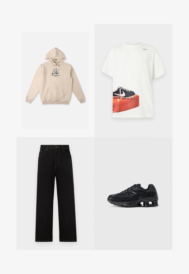 Sweat à capuche beige avec cordon de serrage, poche kangourou à l'avant et logo graphique représentant une voiturette de golf. Tissu en coton doux avec poignets côtelés.; T-shirt blanc à manches courtes avec une chaussure de football Nike noire imprimée sur une boîte à chaussures rouge usée près de l'ourlet et un petit logo près de l'encolure.; Pantalons en denim noir à coupe droite, dotés de poches avant, de surpiqûres jaunes contrastantes et d'une fermeture à bouton à la taille.; Chaussure de sport noire avec une tige en mesh, un col rembourré et une technologie d'amorti proéminente au talon. Caractérisée par des accents texturés et des lacets.