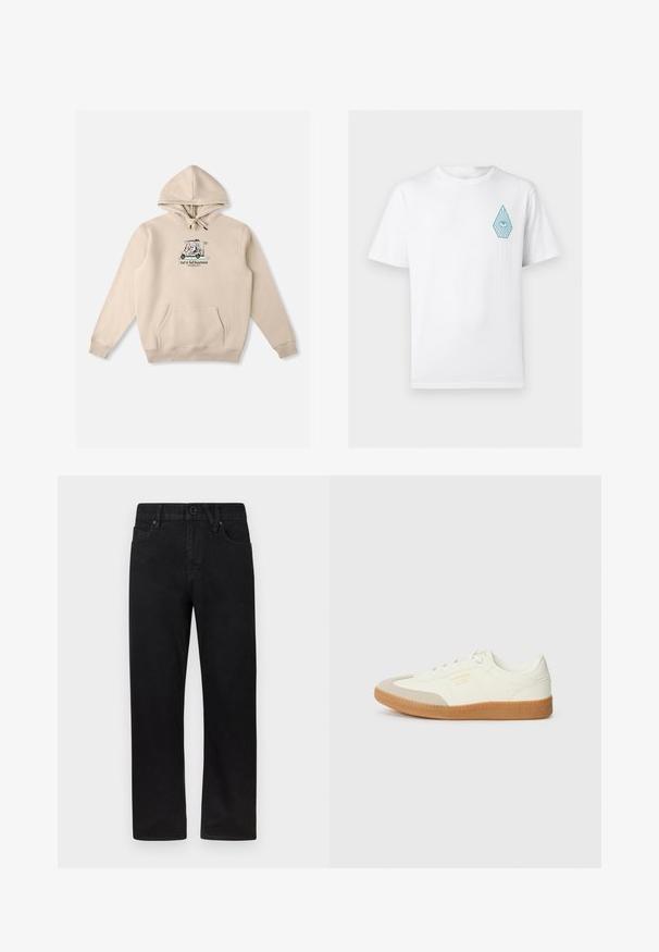 Sweat à capuche beige avec cordon de serrage, poche kangourou à l'avant et logo graphique représentant une voiturette de golf. Tissu en coton doux avec poignets côtelés.; T-shirt blanc à manches courtes avec col rond, orné d'un petit dessin d'œil bleu à l'intérieur d'une forme de goutte sur le côté gauche de la poitrine.; Jean en denim noir avec une coupe droite, fermeture à bouton et deux poches avant. Le matériau a une finition lisse et légèrement texturée.; Baskets en cuir blanc avec une coque beige et une semelle en caoutchouc marron clair. Dotées de lacets blancs plats et d'un logo embossé sur le côté.