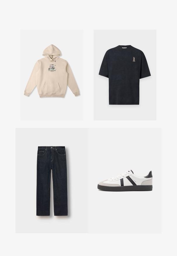 Sweat à capuche beige avec cordon de serrage, poche kangourou à l'avant et logo graphique représentant une voiturette de golf. Tissu en coton doux avec poignets côtelés.; T-shirt noir à manches courtes col rond avec de petits caractères beiges de style japonais sur le haut gauche de la poitrine.; Jean droite bleu foncé en denim, avec passants de ceinture, poches avant et coutures contrastées. Design minimaliste sans embellissements.; Baskets blanches avec des accents noirs et gris, présentant un embout texturé gris, une semelle en caoutchouc noir et des lacets plats blancs. Design épuré, style minimaliste.