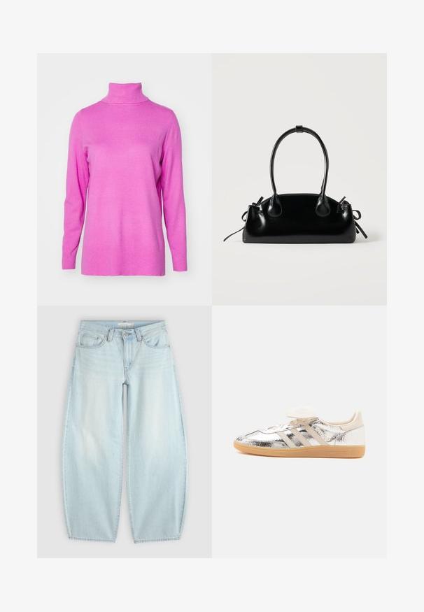ONLY ONLIBI LONG SLIT ROLLNECK - Pullover - super pink; Jean bleu clair taille large avec fermeture bouton et fermeture éclair, poches avant et passants de ceinture sur un fond uni.; Baskets basses avec dessus argenté brillant, trois bandes beige, lacets blancs et semelle en caoutchouc beige, vues de côté sur fond blanc.; Petit sac à main noir brillant avec deux longues anses et des détails à cordon sur les côtés sur un fond clair uni.
