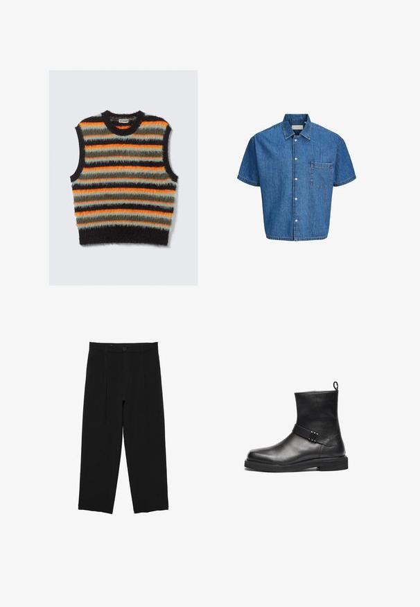 Ærmeløs fuzzy strikvest med vandrette striber i sort, orange, olivengrøn og lysegrå, med en rund halsudskæring.; Blå kortærmet denimshirt med knapper foran, enkelt brystlomme og klassisk krave.; Sorte bukser med vide ben, bæltestropper, frontknap og plisseret design, vist mod en hvid baggrund.; Sort læder ankelstøvle med lav hæl, dekorativ strop med metal detaljer og løkke bagpå, på en hvid baggrund.