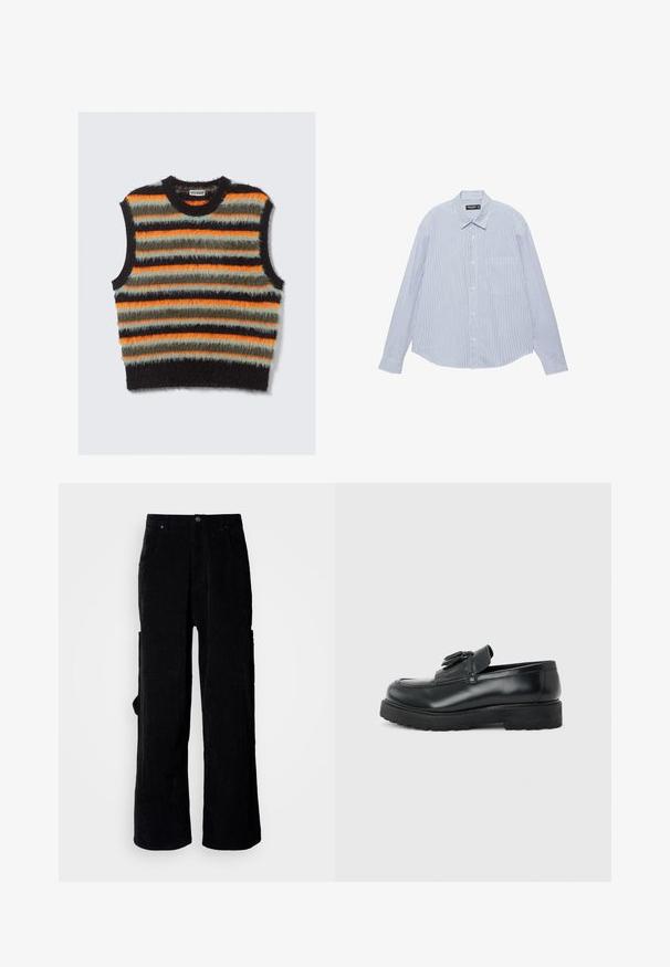 Gilet sans manches en tricot moelleux avec des rayures horizontales en noir, orange, olive et gris clair, présentant un col rond.; Chemise bleu clair à manches longues, boutonnée à l'avant, avec de fines rayures blanches verticales et une poche poitrine, étalée à plat sur un fond blanc.; Pantalon large en velours côtelé noir avec un tissu texturé, deux poches avant et une poche cargo latérale. Fermeture par bouton à la taille.; Mocassin en cuir noir avec pampilles, semelle épaisse en caoutchouc et talon bas, présenté de profil sur un fond uni.