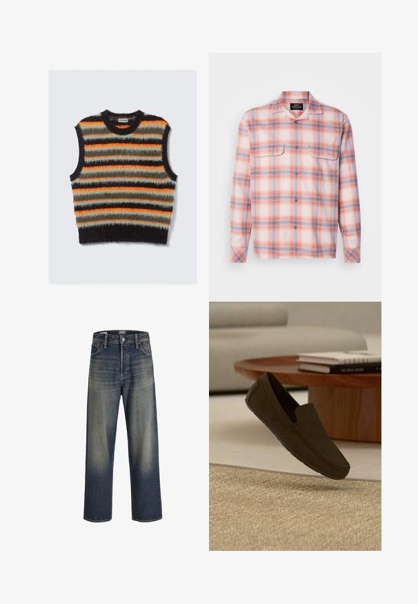 Ærmeløs fuzzy strikvest med vandrette striber i sort, orange, olivengrøn og lysegrå, med en rund halsudskæring.; Langærmet skjorte med knapper i orange, hvid og lilla ternet mønster, med to brystlommer og spredt krave.; Bredde ben jeans i mørkeblå denim med en gradient finish, der har en knaplukning, fem lomme-design og strukturerede syninger.; Mørkebrun slip-on loafer, der svæver over et beige tekstureret tæppe med et rundt træ-sofabord og bøger sløret i baggrunden.