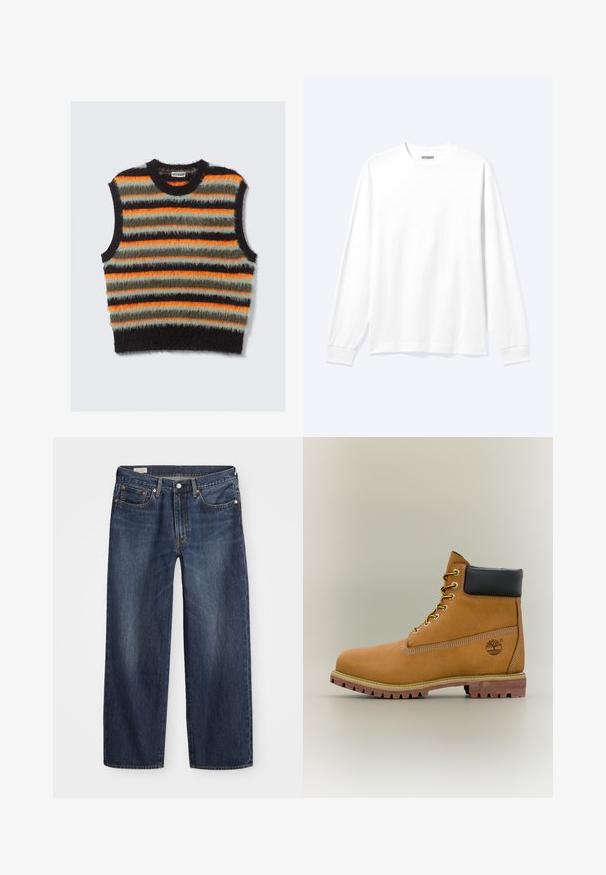 Gilet sans manches en tricot moelleux avec des rayures horizontales en noir, orange, olive et gris clair, présentant un col rond.; Chemise blanche unie à manches longues avec col rond et poignets côtelés, présentée sur un fond clair neutre.; Jean en denim bleu foncé avec une coupe droite, design à cinq poches, bouton en métal et fermeture éclair, et motifs de décoloration légère.; Bottine en cuir marron avec col noir, lacets jaunes et semelle beige. Présente un logo et des détails de couture blanche. Semelle extérieure à traction robuste.