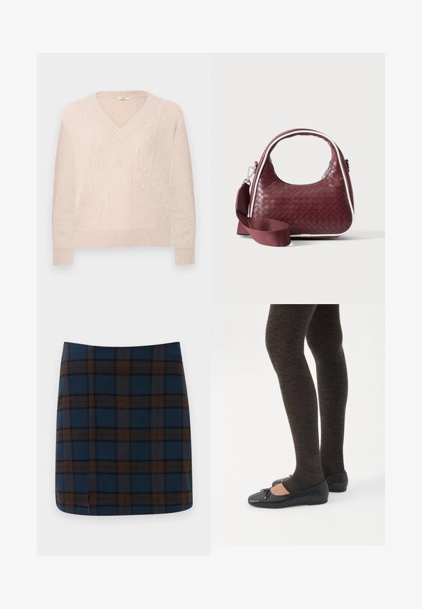 Pull en maille beige clair avec décolleté en V, finitions côtelées aux poignets et à l'ourlet, présentant des motifs floraux en relief subtils à motifs de câbles verticaux sur le devant.; Jupe mini en tartan bleu marine avec des lignes marron et grises, fabriquée dans un tissu lisse, avec une fente discrète au dos pour plus de liberté de mouvement.; Jambes portant des leggings côtelés foncés associés à des ballerines noires avec de petits détails en nœud sur fond blanc.; Sac à main en cuir tressé marron foncé avec poignée courbée, garniture blanche, fermeture éclair argentée et bandoulière large en tissu amovible sur fond uni.