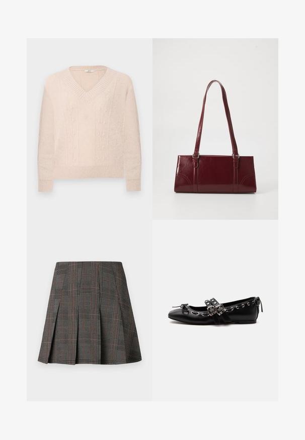 Lys beige strikket sweater med V-hals, ribbede manchetter og kant, med diskrete vertikale blomster kabelstrik mønstre på forsiden.; Gråternet nederdel med plisseringer, prydet med intrikate mønstre i sort og hvid, akkompagneret af tynde røde linjer. Fremstillet af et struktureret stof.; Sort flad balletsko med dobbelt spænde, sølvøjer og en lille sløjfe nær den runde tå på en hvid baggrund.; Bordeaux håndtaske lavet af glansfuldt materiale, rektangulær form, med to skulderremme og subtile buede detaljer på forsiden.