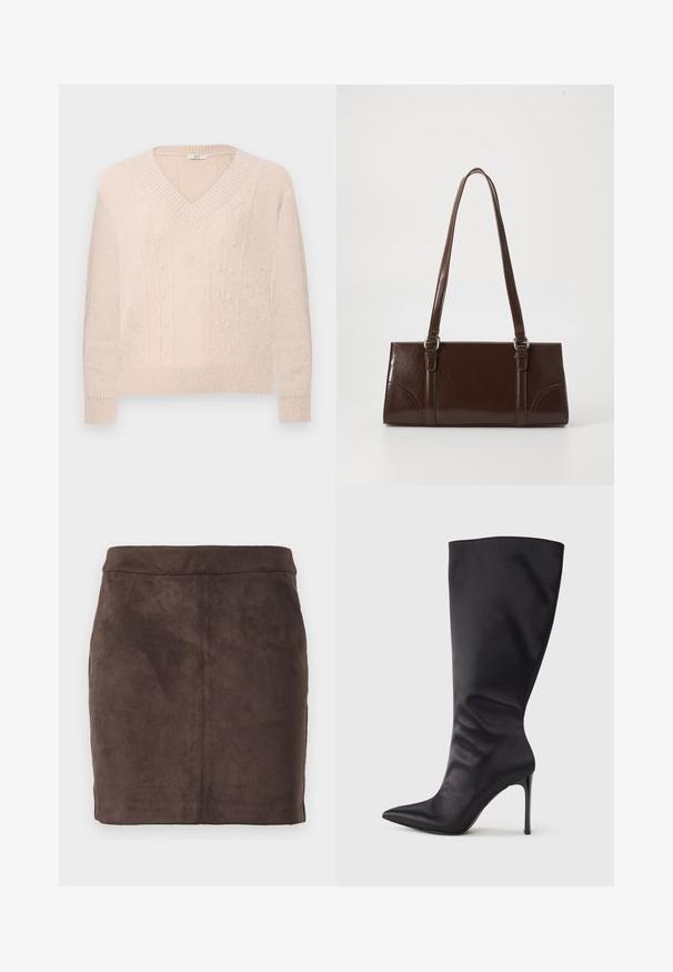 Lys beige strikket sweater med V-hals, ribbede manchetter og kant, med diskrete vertikale blomster kabelstrik mønstre på forsiden.; Brun ruskind mini-nederdel med en glat tekstur, tætsiddende design og en flad talje, der har lodrette sømme for struktur.; Sort knæhøj stiletstøvle lavet af glat, glansfuldt materiale; spids tå; tætsiddende pasform med let samling nær anklen; skinnende hæl.; Brun lakeret håndtaske med rektangulær form, to lange håndtag og subtile buede detaljer på fronten.