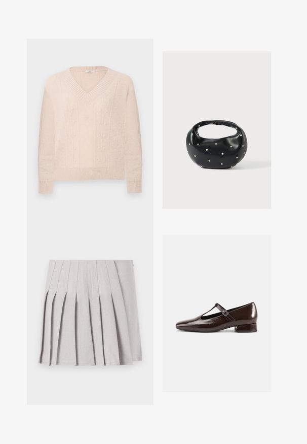 Lys beige strikket sweater med V-hals, ribbede manchetter og kant, med diskrete vertikale blomster kabelstrik mønstre på forsiden.; Grå plisseret nederdel med en glat tekstur, der har flere lodrette folder og en tætsiddende talje. Fremstillet af letvægtsstof.; Brune Mary Jane-sko i laklæder med en rundet tå, udskæringsdesign og justerbar rem. Lav blokhæl.; Sort læderhåndtaske med en rundet form, dekoreret med sølvnitter, og et kort håndtag. Glat tekstur og lynlåslukning.