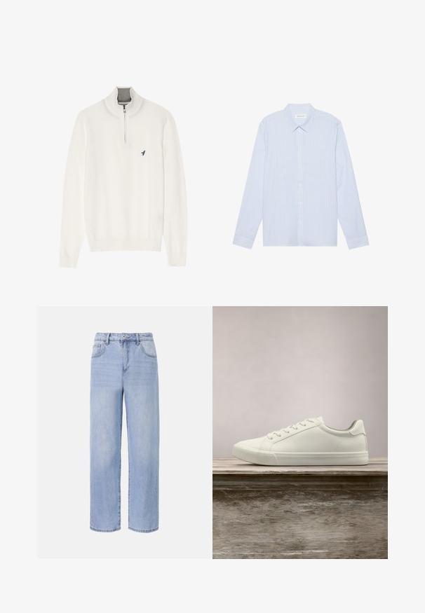 Pull en maille blanche avec un col montant, doté d'une fermeture éclair d'un quart et d'un petit logo d'oiseau bleu sur la poitrine gauche. Texture douce, poignets côtelés.; Chemise à manches longues à rayures bleu clair. Elle possède un col traditionnel, des boutons blancs et un tissu en mélange de coton lisse.; Jean en denim bleu clair avec une coupe décontractée et des jambes larges. Les caractéristiques incluent cinq poches, une fermeture à bouton à l'avant et une décoloration subtile.; Sneaker en dentelle blanche flottant au-dessus d'un banc en bois avec un feuillage vert en arrière-plan, mettant en valeur le design et la texture de la chaussure.