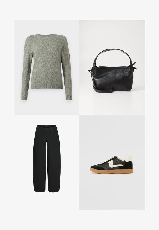 Pull à col rond à manches longues en doux tricot gris, avec des poignets et un ourlet côtelés, présenté sur un fond blanc uni.; Jean noir à jambes larges et coupé court, avec fermeture à boutons et fermeture éclair à l'avant, poches avant et arrière, étiquette de marque sur la ceinture.; Baskets en daim et cuir noir avec un swoosh latéral crème et un talon crème clair. Dotées de lacets beige et d'une semelle en caoutchouc gomme.; Sac à main en cuir noir au design structuré, avec une poignée arrondie et une bandoulière amovible. Présente une texture lisse et un éclat subtil.