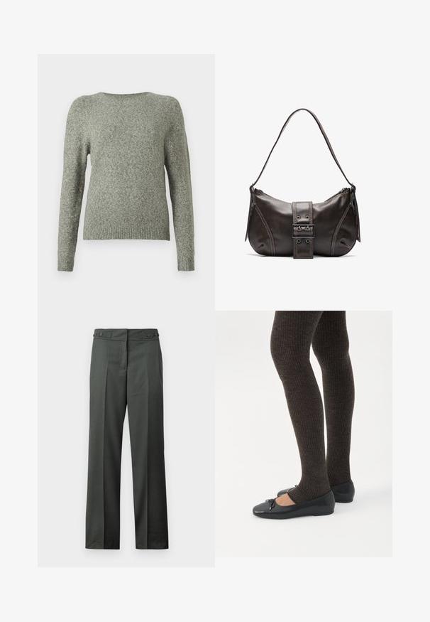 Pull à col rond à manches longues en doux tricot gris, avec des poignets et un ourlet côtelés, présenté sur un fond blanc uni.; Pantalon droit gris foncé avec plis à l’avant et taille ajustable avec boutons latéraux sur fond blanc.; Jambes portant des leggings côtelés foncés associés à des ballerines noires avec de petits détails en nœud sur fond blanc.; Sac à épaule en cuir marron avec une forme courbée, présentant un détail de boucle proéminent, des coutures contrastantes et une seule bandoulière.