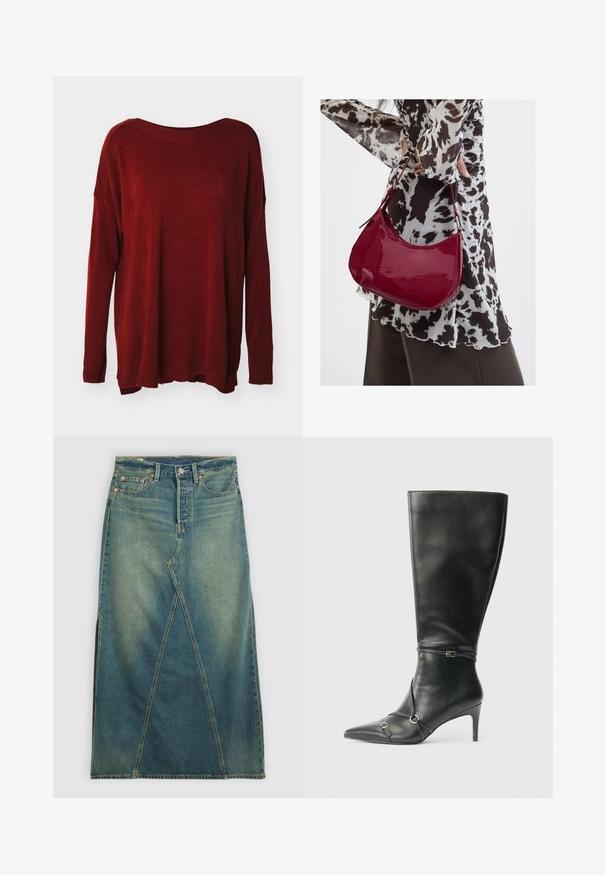 Pull en tricot rouge avec un décolleté large, des manches longues, une coupe décontractée et des poignets côtelés. Texture douce avec un léger effet satiné.; Jupe en denim à taille haute, de couleur bleu moyen. Caractéristiques : couture frontale distincte, fentes sur les côtés et conception standard à cinq poches.; Bottes noires en cuir montant jusqu'au genou, avec un talon fin, un bout pointu et des détails de lanière à la cheville. Texture lisse et design ajusté.; Femme portant un chemisier à motif noir et blanc tenant un sac à main rouge brillant sur un fond uni.