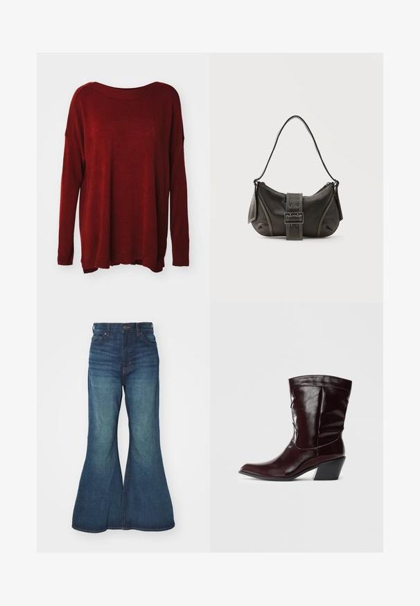 Pull en tricot rouge avec un décolleté large, des manches longues, une coupe décontractée et des poignets côtelés. Texture douce avec un léger effet satiné.; Jean en denim évasé de bleu moyen, présentant une taille haute, un design à cinq poches et des coutures contrastées. Texture lisse avec un léger délavage.; Bottines en cuir bourgogne avec un bout pointu, une surface texturée et un petit talon effilé. Présente une couture discrète et un ajustement confortable.; Sac à épaule en cuir noir avec une sangle à boucle, des bords arrondis et des coutures blanches contrastées sur un fond uni.