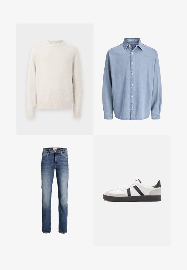 Cremefarbener Pullover mit rundem Ausschnitt, gerippten Bündchen und Saum. Weiche Textur mit einem einfachen, klaren Design und Raglanärmeln.; Himmelblaue Jeanshemd mit langen Ärmeln, Kragen und weißen Knöpfen, präsentiert vor einem schlichten weißen Hintergrund.; Gerade geschnittene blaue Jeans mit leichter Ausbleichung an Oberschenkeln und Knien, Frontknopf- und Reißverschluss, sowie Fünf-Taschen-Design.; Weiße Sneaker mit schwarz- und grau-aczenten, ausgestattet mit einer strukturierten grauen Zehenkappe, schwarzer Gummi-Sohle und flachen weißen Schnürsenkeln. Sauberes Design, minimalistische Stil.