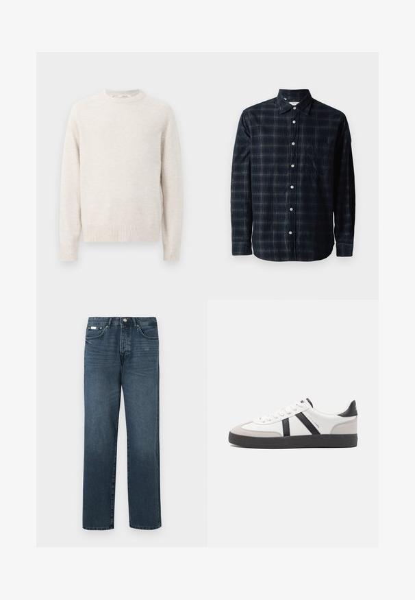 Pull crème avec un col rond, des poignets et un ourlet côtelés. Texture douce avec un design simple et épuré et des manches raglan.; Chemise à manches longues bleu marine à motif écossais, dotée d'un col boutonné, d'une poche avant et de boutons blancs sur un tissu texturé.; Jean en denim bleu foncé avec une coupe droite, cinq poches, passants de ceinture et fermeture à glissière. Texture lisse avec des détails de décoloration subtils.; Baskets blanches avec des accents noirs et gris, présentant un embout texturé gris, une semelle en caoutchouc noir et des lacets plats blancs. Design épuré, style minimaliste.