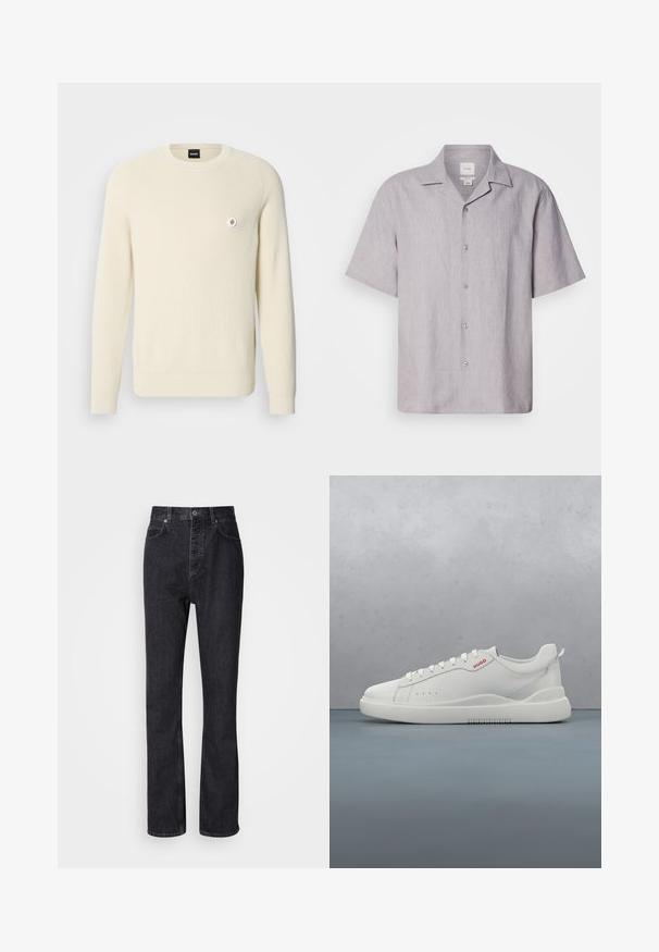Pull de couleur crème en tissu côtelé, doté d'un col rond, de manches longues et d'un petit logo circulaire sur la poitrine gauche.; Chemise à manches courtes, gris clair, boutonnée, en lin. Dotée d'un col pointu et d'une texture subtile avec six boutons sur le devant.; Jean en denim noir taille haute avec fermeture à bouton et à glissière, poches avant et arrière, et coupe droite.; Sneaker blanche avec une finition en cuir lisse, bout rond, quatre œillets, perforations subtiles et un détail de logo rouge sur le côté.
